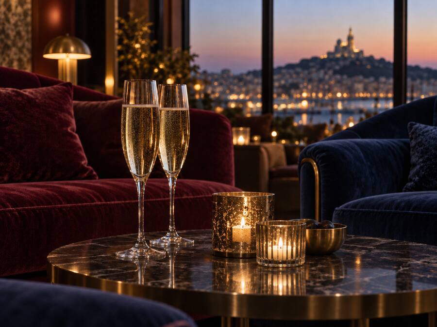 Deux coupes de champagne et des bougies sur une table en marbre, vue sur Marseille au crépuscule