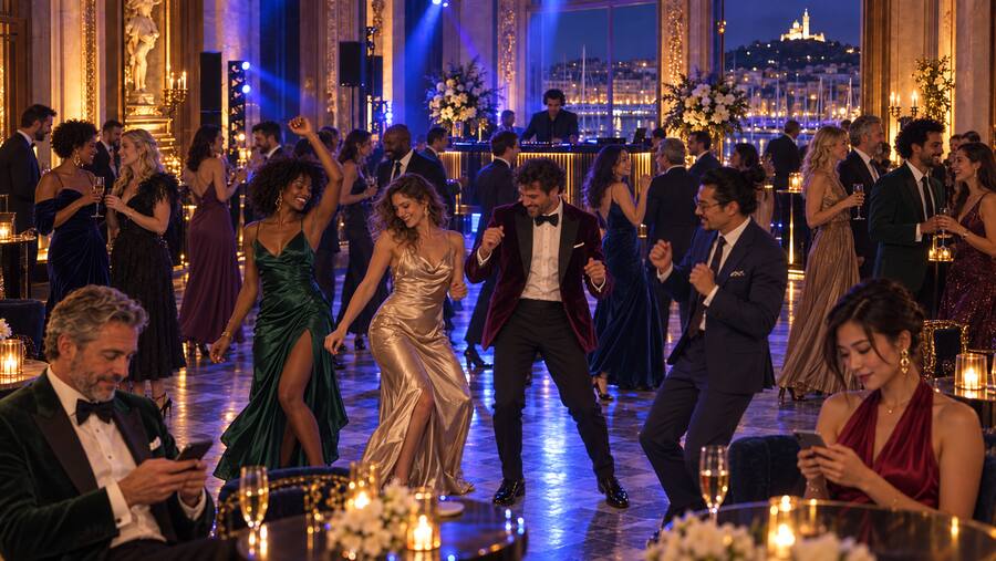 Piste de danse en tenues de soirée, DJ et vue nocturne sur le port de Marseille