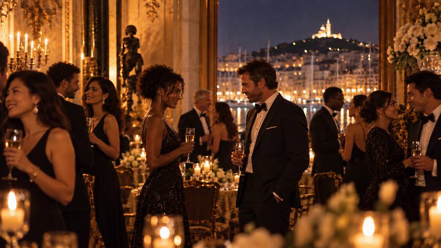 Un homme et une femme échangent, coupe de champagne à la main, lors d'une soirée élégante face à Notre-Dame de la Garde