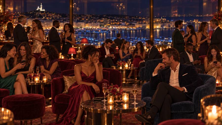 Salon feutré aux fauteuils de velours, vue de nuit sur le Vieux-Port et Notre-Dame de la Garde